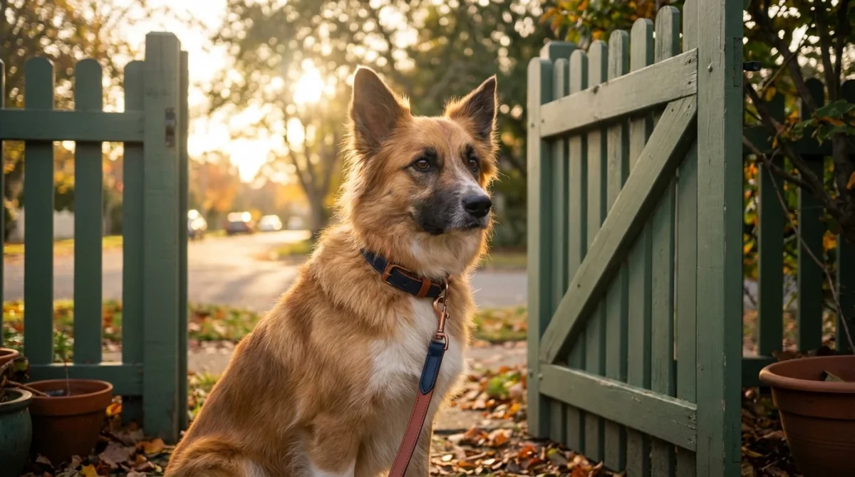 Un câine Border Collie stând lângă o poartă deschisă în lumina caldă a apusului.