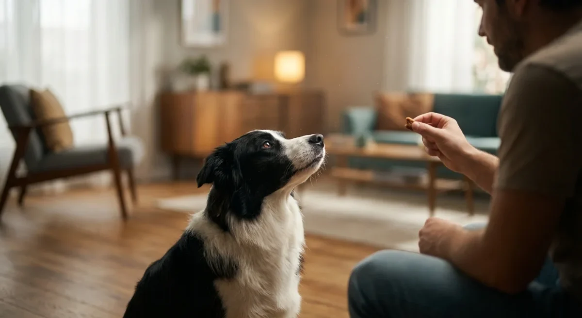 Un câine Border Collie stând liniștit și atent într-o sufragerie luminoasă, ilustrând succesul dresajului.