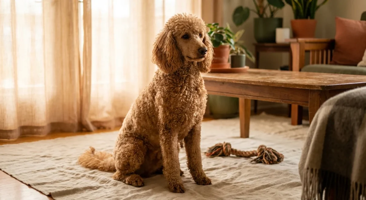 Un câine Caniche cu blană caisă stând pe o carpetă de in într-o sufragerie luminoasă.
