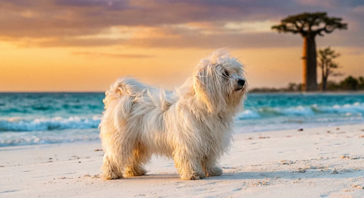 Un câine Coton de Tulear alb și pufos stând pe o plajă exotică din Madagascar la apus.