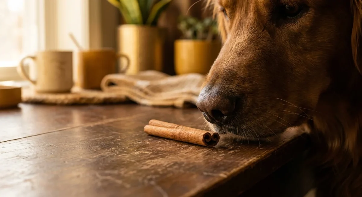 Un câine curios adulmecând un baton de scorțișoară pe o suprafață de lemn, într-o lumină caldă.