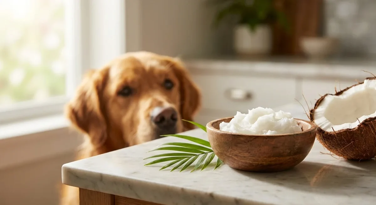 Un câine curios lângă un bol cu ulei de cocos alb și cremos, într-un decor minimalist și luminos.