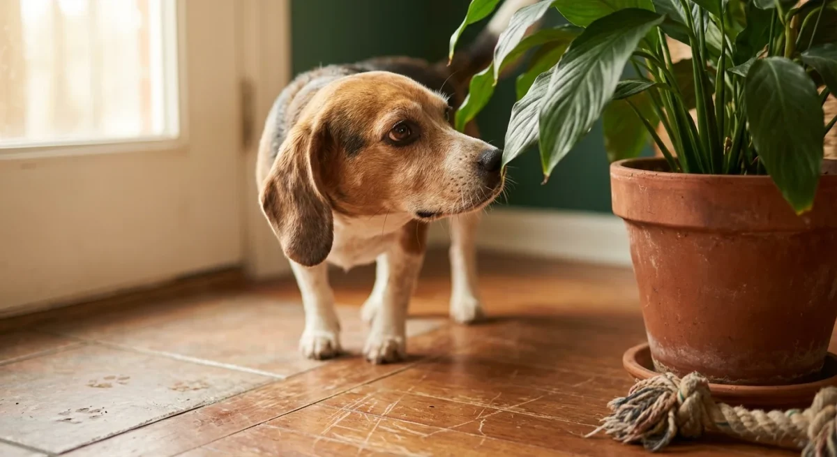 Un câine curios mirosind o plantă de apartament sigură, într-un living luminos cu podea de lemn.