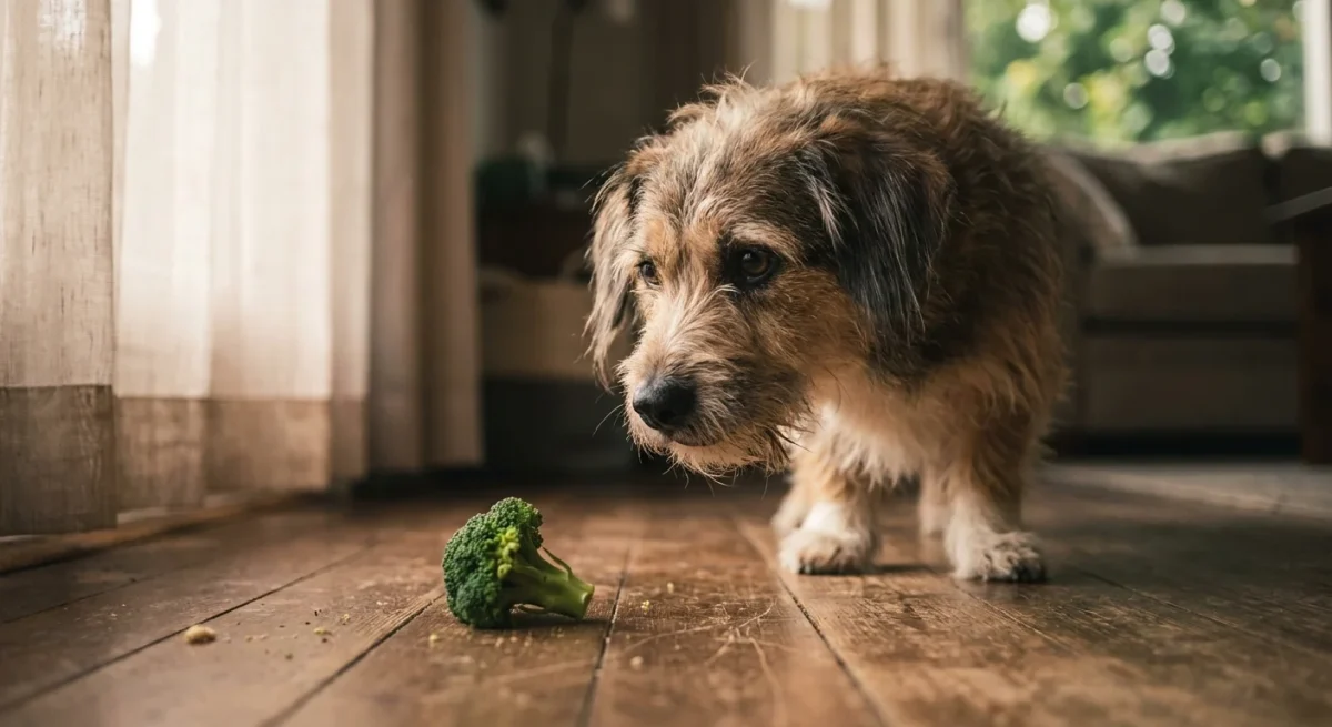Un câine curios privește o bucată de broccoli pe o podea de lemn luminată natural.