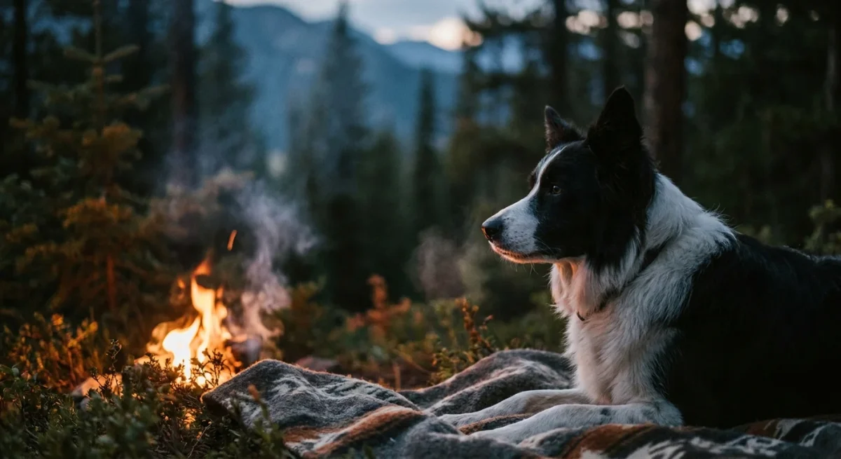 Un câine de rasă Border Collie stând pe o pătură lângă un foc de tabără în pădure, la amurg.