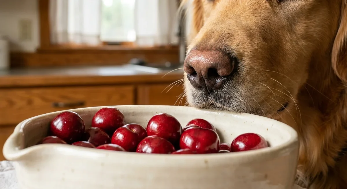 Un câine de rasă Golden Retriever adulmecând curios un bol cu cireșe proaspete pe o masă de lemn.