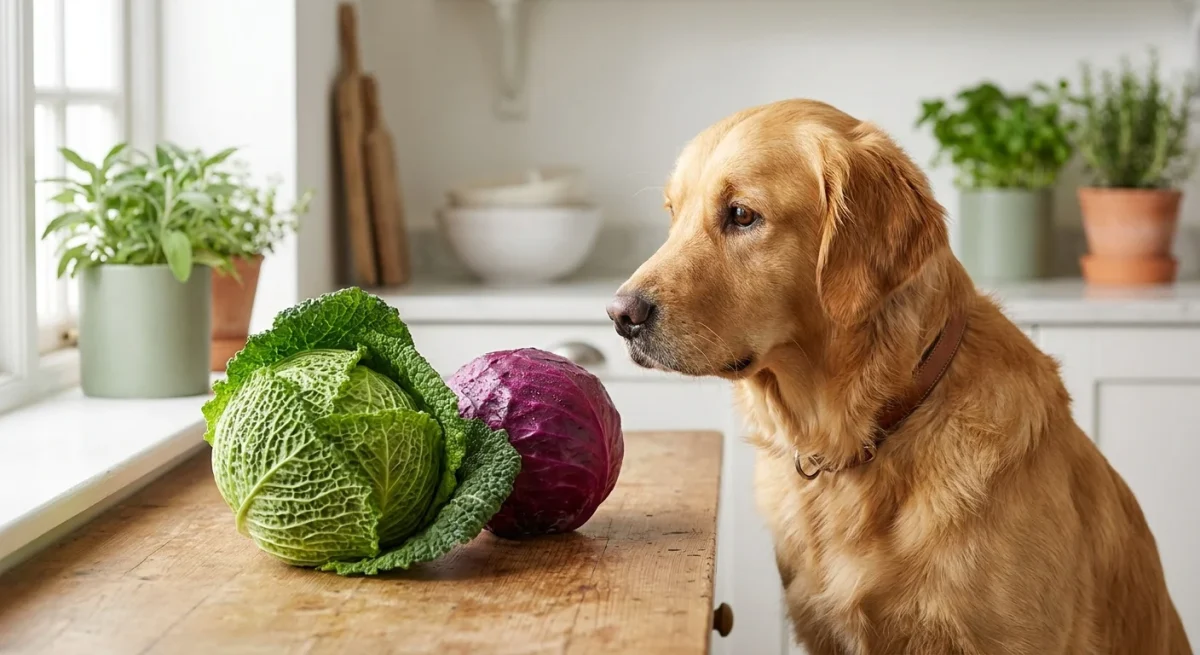 Un câine din rasa Golden Retriever privește curios o varză verde și una roșie pe o masă de lemn.