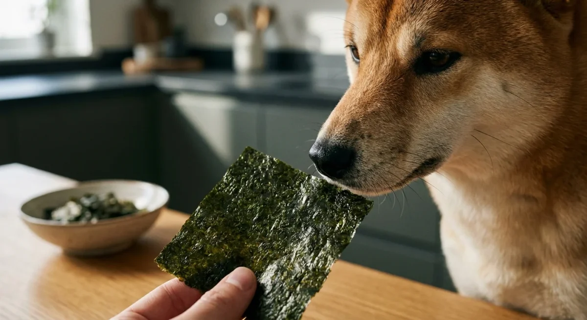 Un câine din rasa Shiba Inu adulmecă o foaie de alge nori într-o bucătărie modernă.