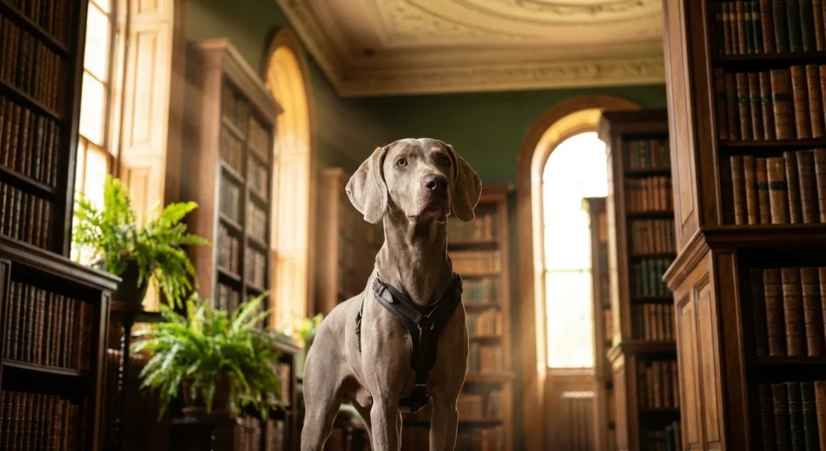 Un câine din rasa Weimaraner stând mândru într-o bibliotecă veche, simbolizând meseriile inedite ale câinilor utilitari.