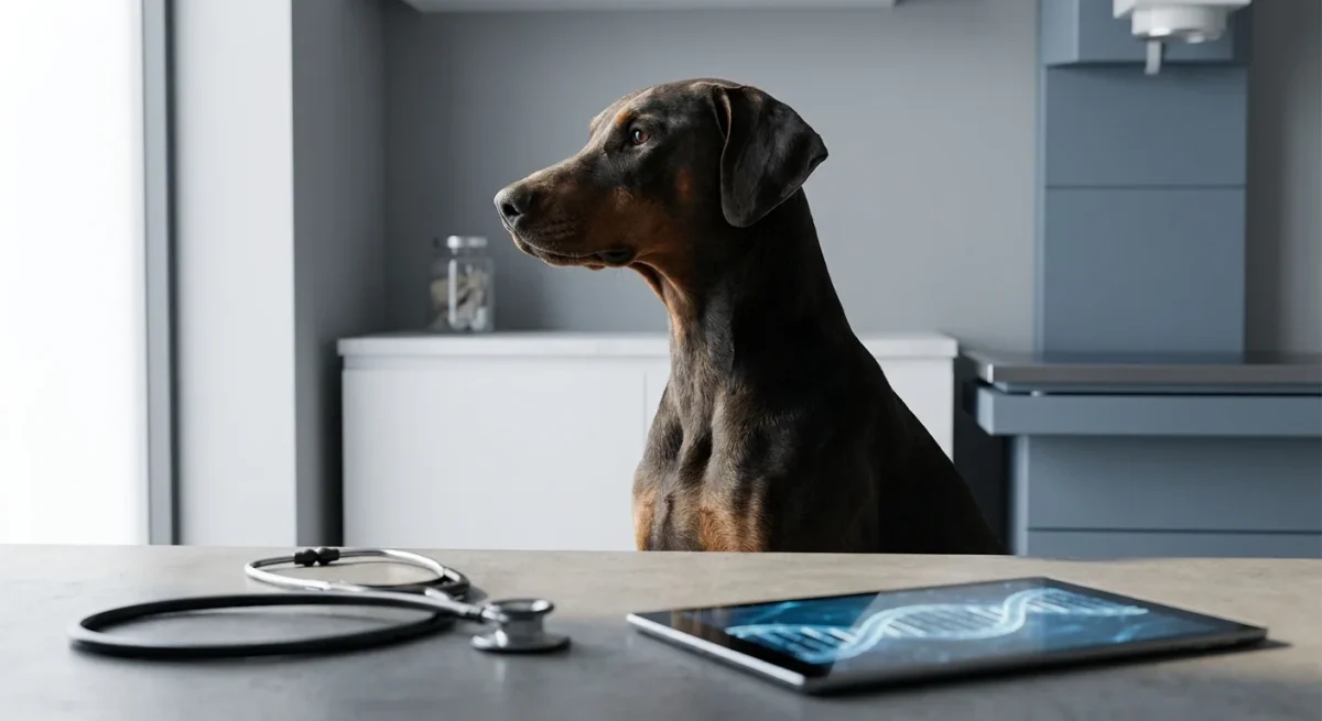 Un câine Doberman într-un cadru clinic modern, reprezentând sănătatea cardiacă și medicina preventivă.
