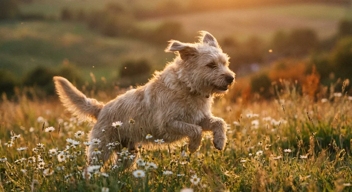 Un câine exuberant sărind prin iarbă înaltă și flori la apus, simbolizând fericirea canină.
