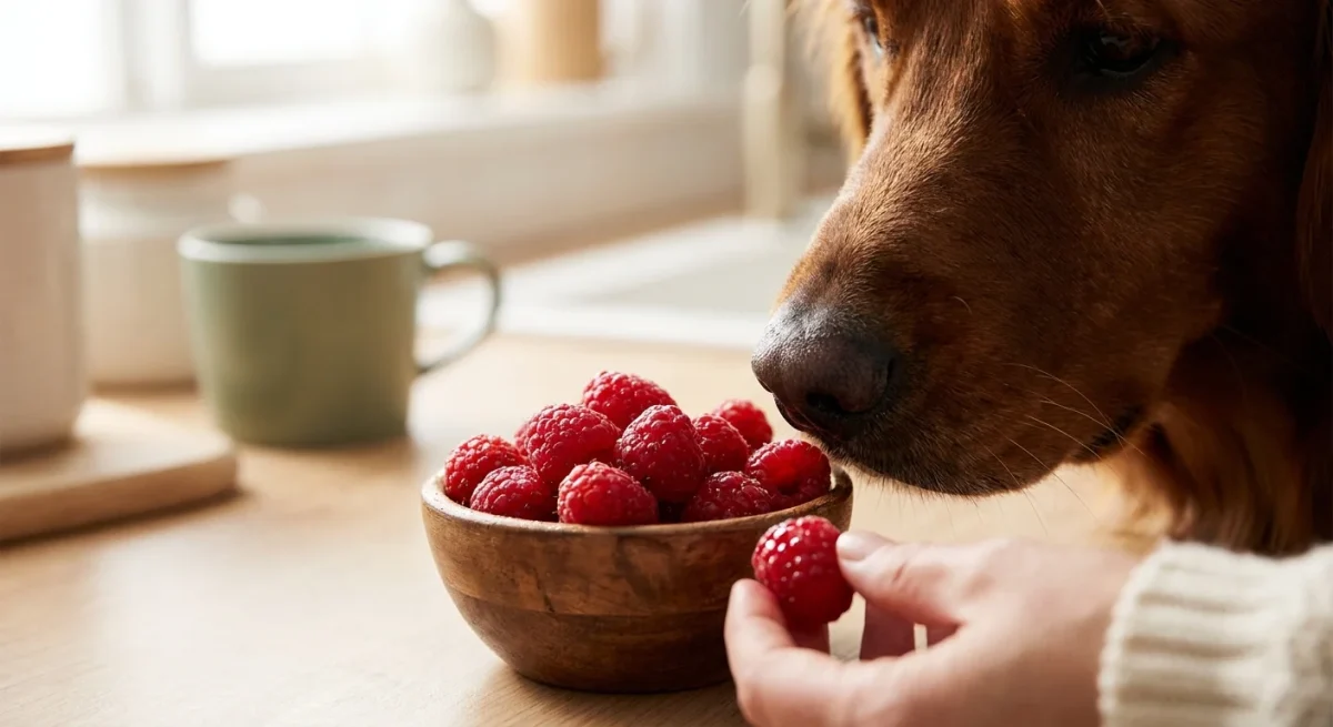 Un câine Golden Retriever adulmecând un bol cu zmeură proaspătă pe o masă din lemn.