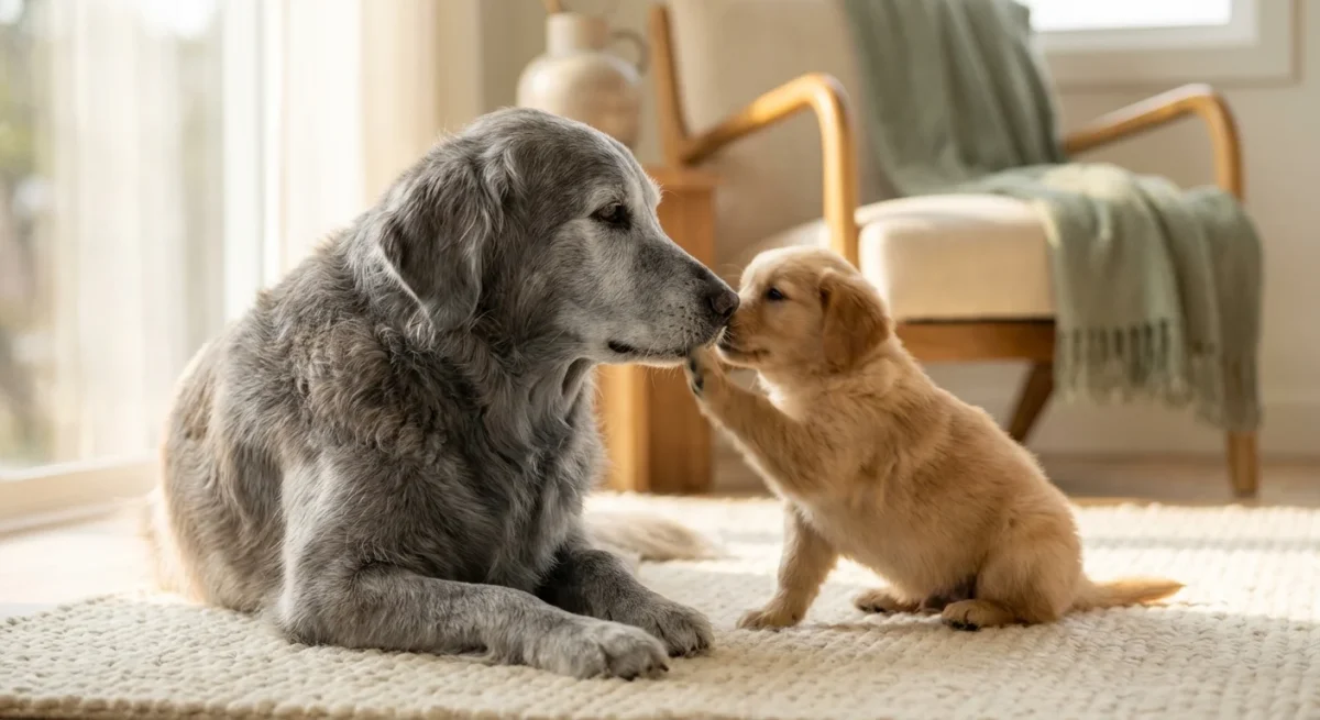Un câine Golden Retriever adult stând calm lângă un cățeluș jucăuș pe un covor deschis la culoare, într-o casă luminoasă.