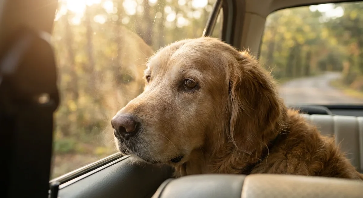 Un câine Golden Retriever cu o privire tristă pe bancheta din spate a unei mașini, ilustrând răul de mișcare.