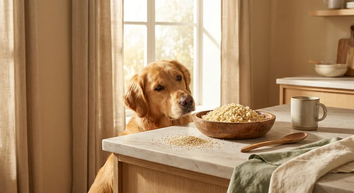 Un câine Golden Retriever curios privind un bol cu quinoa gătită pe un blat de bucătărie luminos.