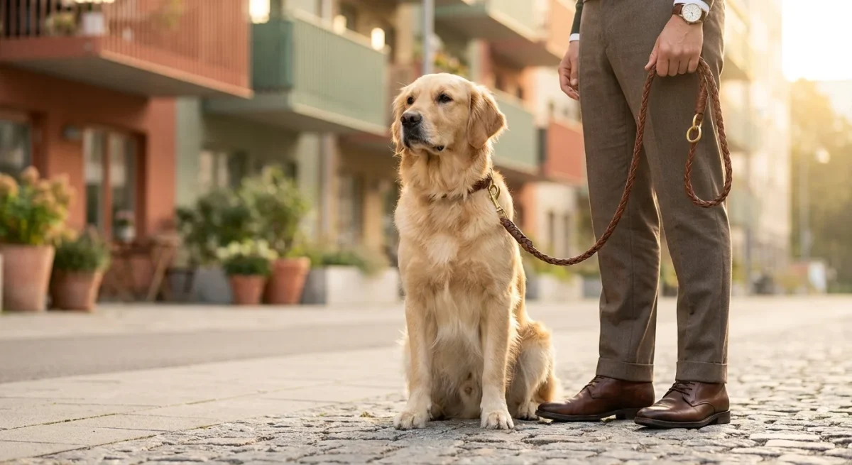 Un câine Golden Retriever dresat stând calm lângă stăpânul său pe o stradă curată, simbolizând respectul față de comunitate.