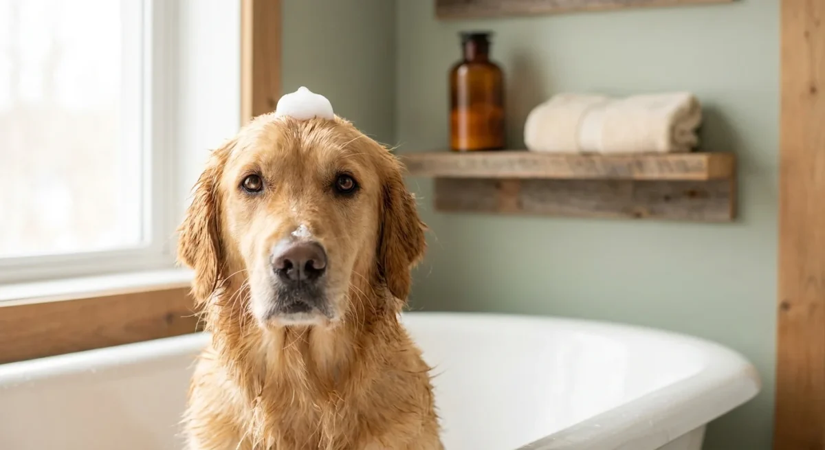 Un câine Golden Retriever în cadă, cu puțină spumă pe cap, în timpul unei băi relaxante.