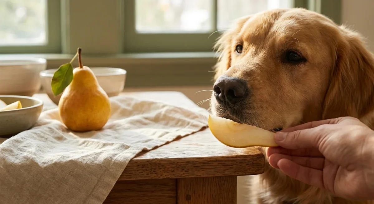 Un câine Golden Retriever mirosind cu curiozitate o felie de pară proaspătă pe o masă rustică.