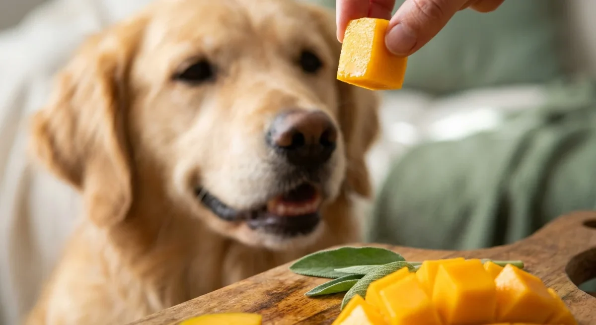 Un câine Golden Retriever privește cu poftă o bucată de mango proaspăt tăiată într-o bucătărie luminoasă.