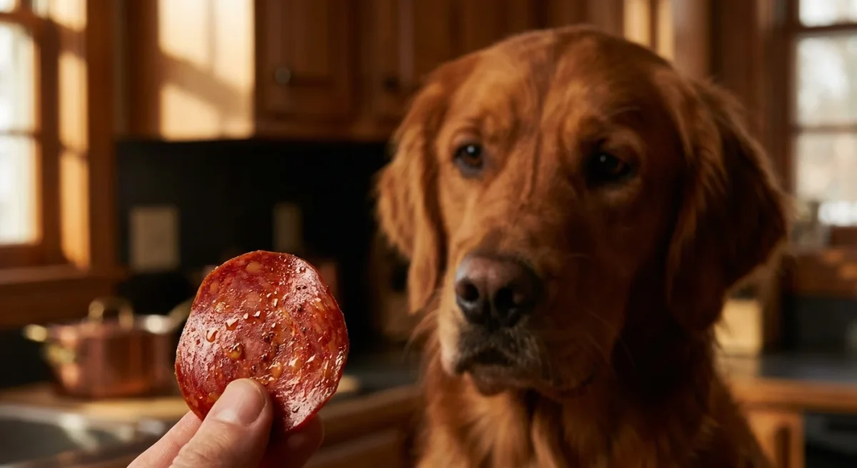 Un câine Golden Retriever privește cu poftă o felie de salam pepperoni condimentat.