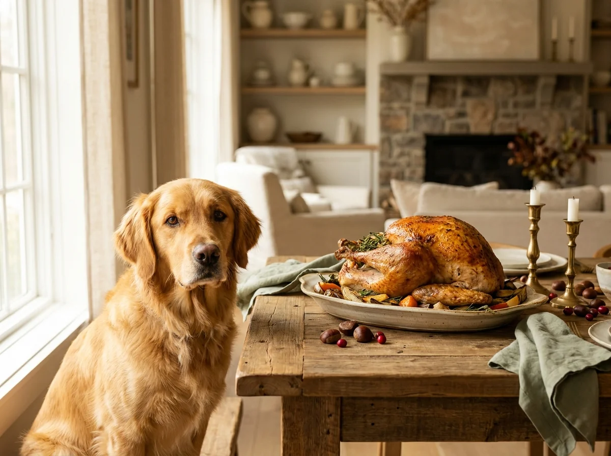 Un câine Golden Retriever privește cu poftă o friptură de curcan rumenită pe o masă de lemn.
