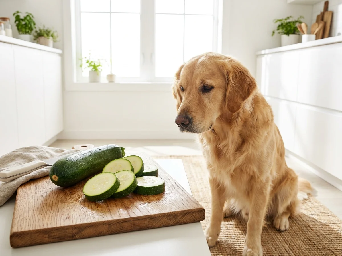 Un câine Golden Retriever privește curios câteva felii de dovlecel proaspăt pe un fund de lemn.