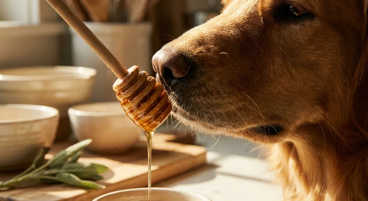 Un câine Golden Retriever privește curios o lingură de lemn din care curge miere aurie și densă.