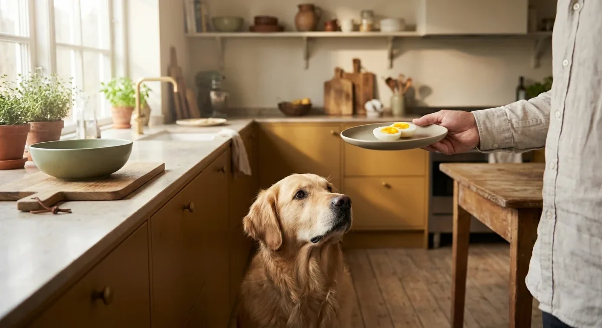 Un câine Golden Retriever privește curios spre o farfurie cu un ou fiert tăiat, într-o bucătărie luminoasă.