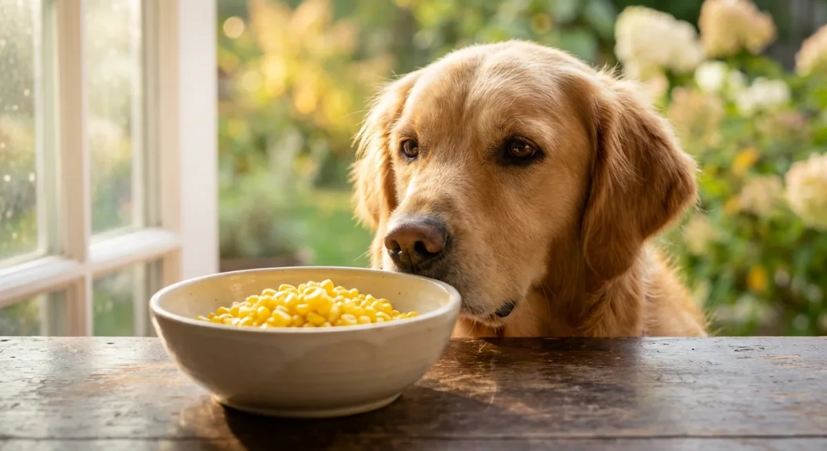 Un câine Golden Retriever privește curios un bol cu boabe de porumb galbene pe o masă de lemn, luminat de soare.
