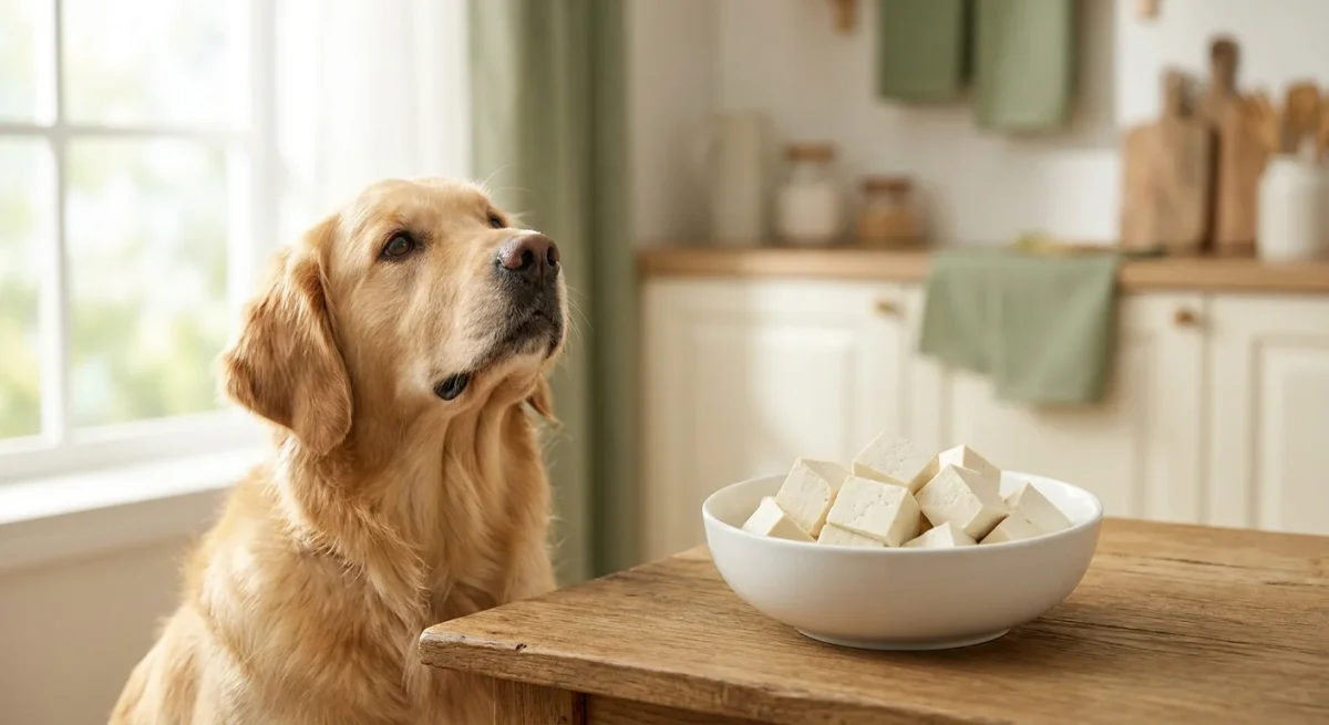 Un câine Golden Retriever privește curios un bol cu cubulețe de tofu așezat pe o masă de lemn.