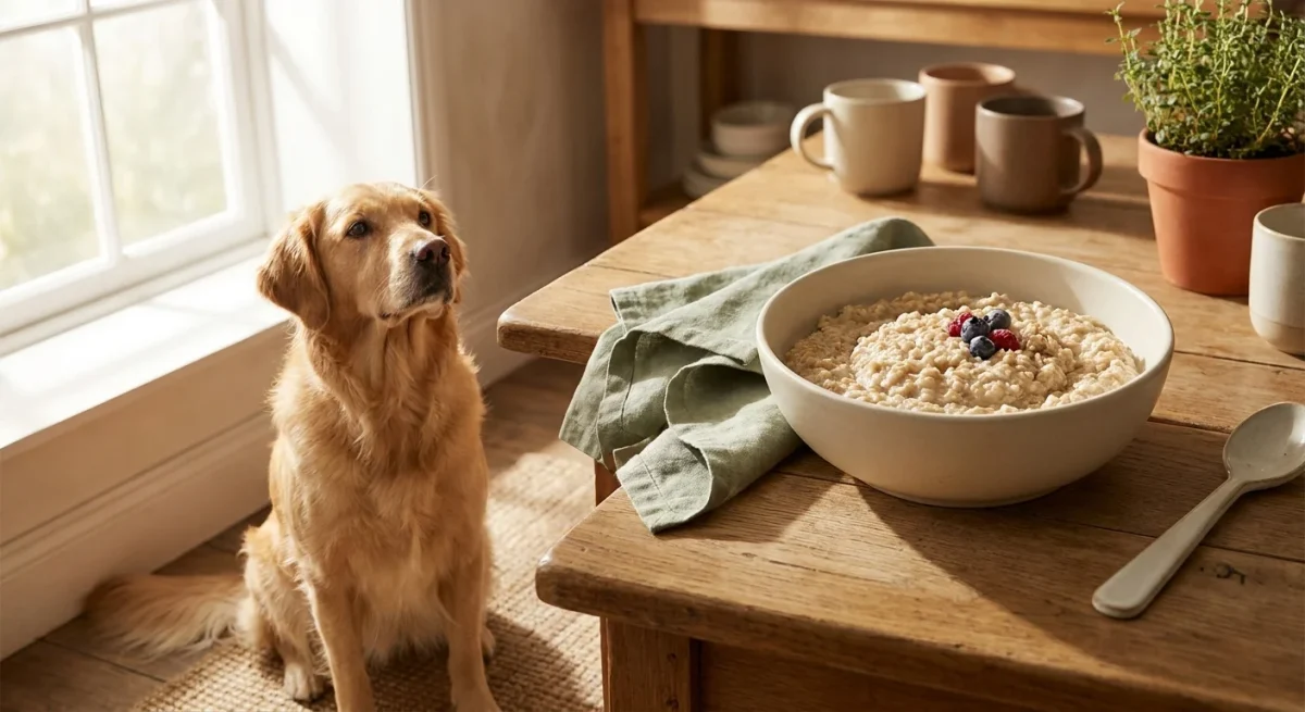 Un câine Golden Retriever privește curios un bol cu terci de ovăz pe o masă de lemn, într-o bucătărie luminoasă.