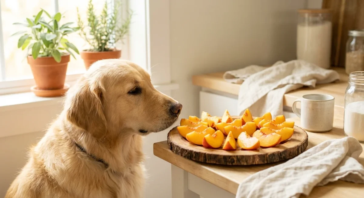 Un câine Golden Retriever privește felii de piersică proaspătă tăiate pe un tocător de lemn.
