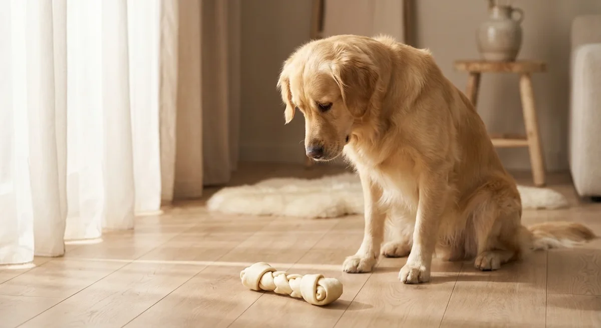 Un câine Golden Retriever privește un os din piele presată pe o podea de lemn, într-un decor minimalist.