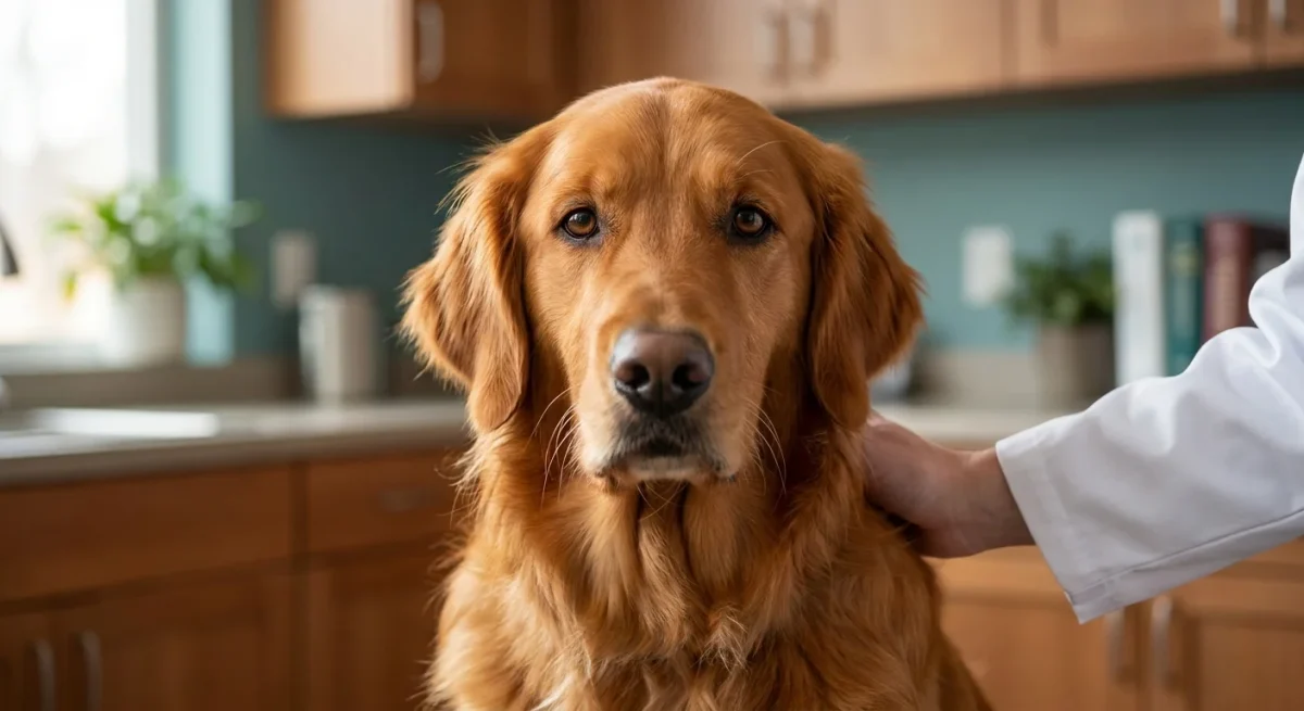 Un câine Golden Retriever privind calm spre cameră în timp ce o mână de medic veterinar îi oferă sprijin.