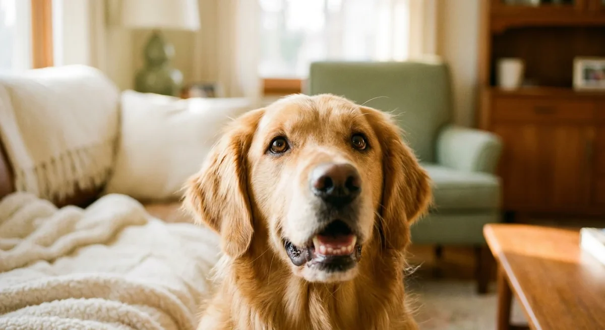 Un câine Golden Retriever privind cu afecțiune și expresivitate, capturat într-un moment de comunicare.