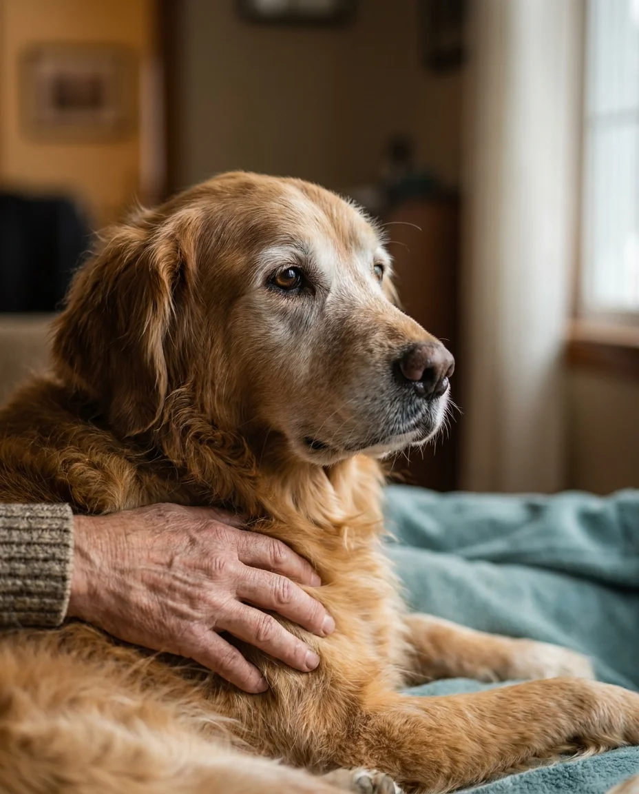 Un câine Golden Retriever senior primind afecțiune, simbolizând îngrijirea și empatia pentru câinii cu cancer.