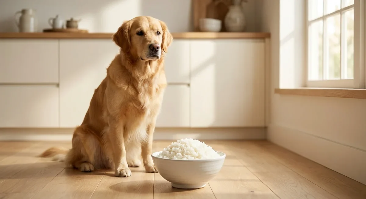 Un câine Golden Retriever stă lângă un bol cu orez alb într-o bucătărie luminoasă și modernă.