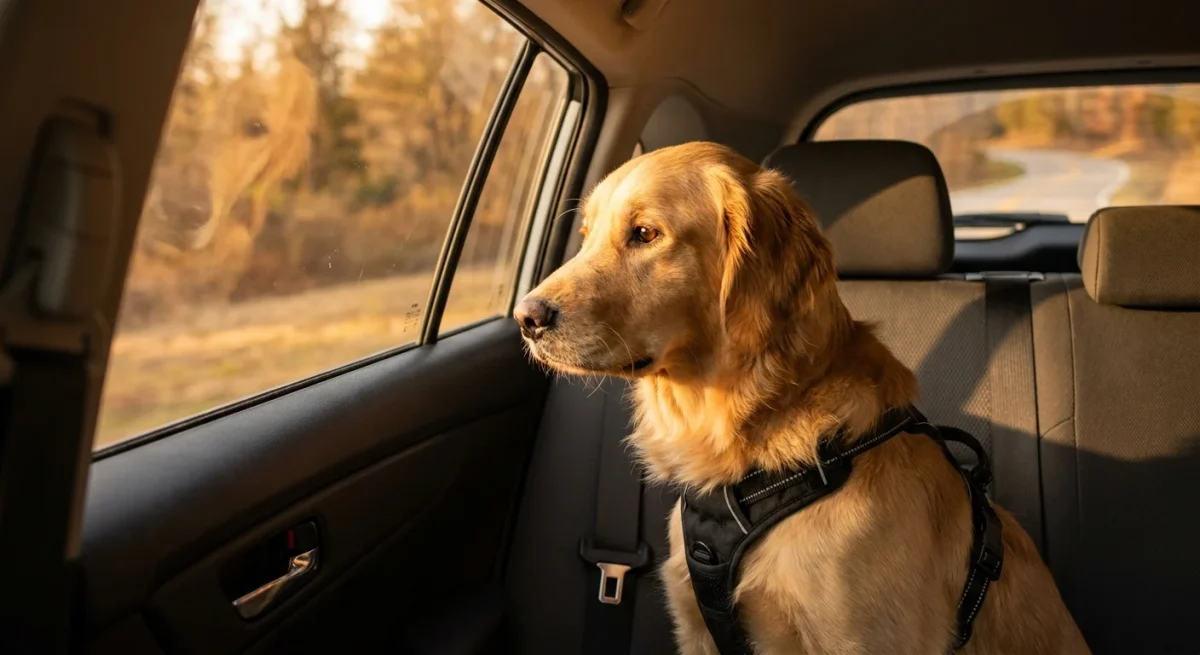 Un câine Golden Retriever stă liniștit pe bancheta din spate a unei mașini, purtând o centură de siguranță specială.