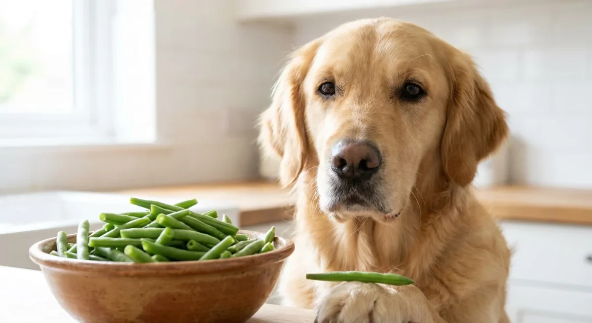 Un câine Golden Retriever stând cuminte lângă un bol plin cu păstăi de fasole verde proaspătă.