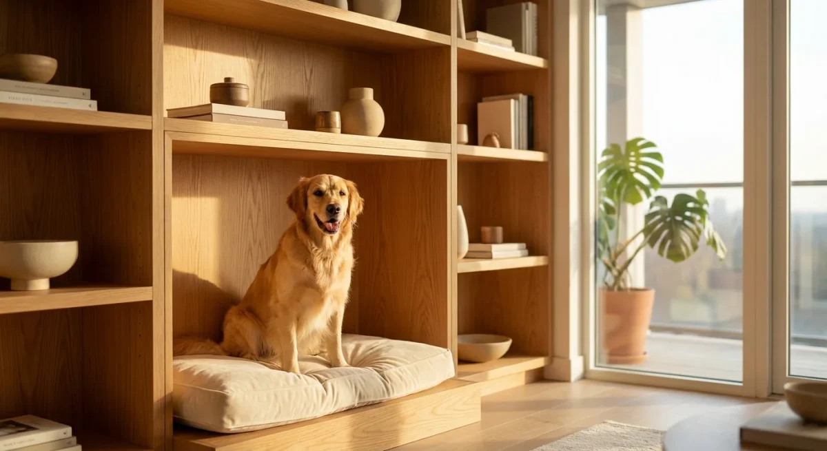 Un câine Golden Retriever stând într-o căsuță modernă din lemn integrată elegant în mobilierul unei sufragerii luminoase.