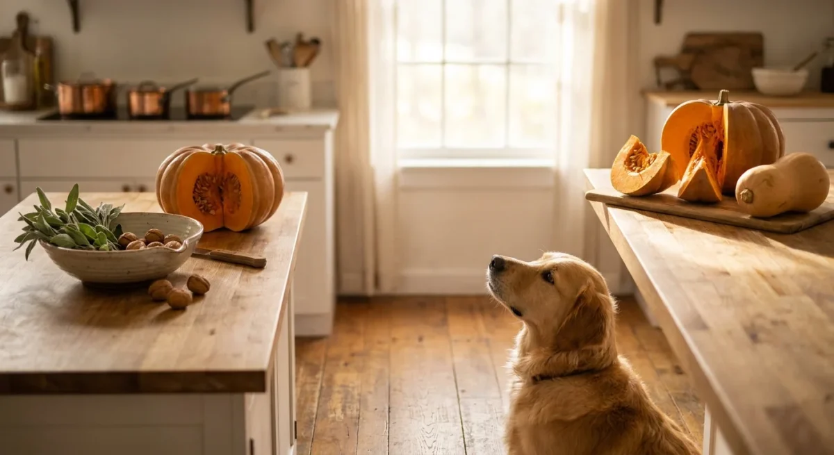 Un câine Golden Retriever stând lângă un dovleac tăiat într-o bucătărie luminoasă.