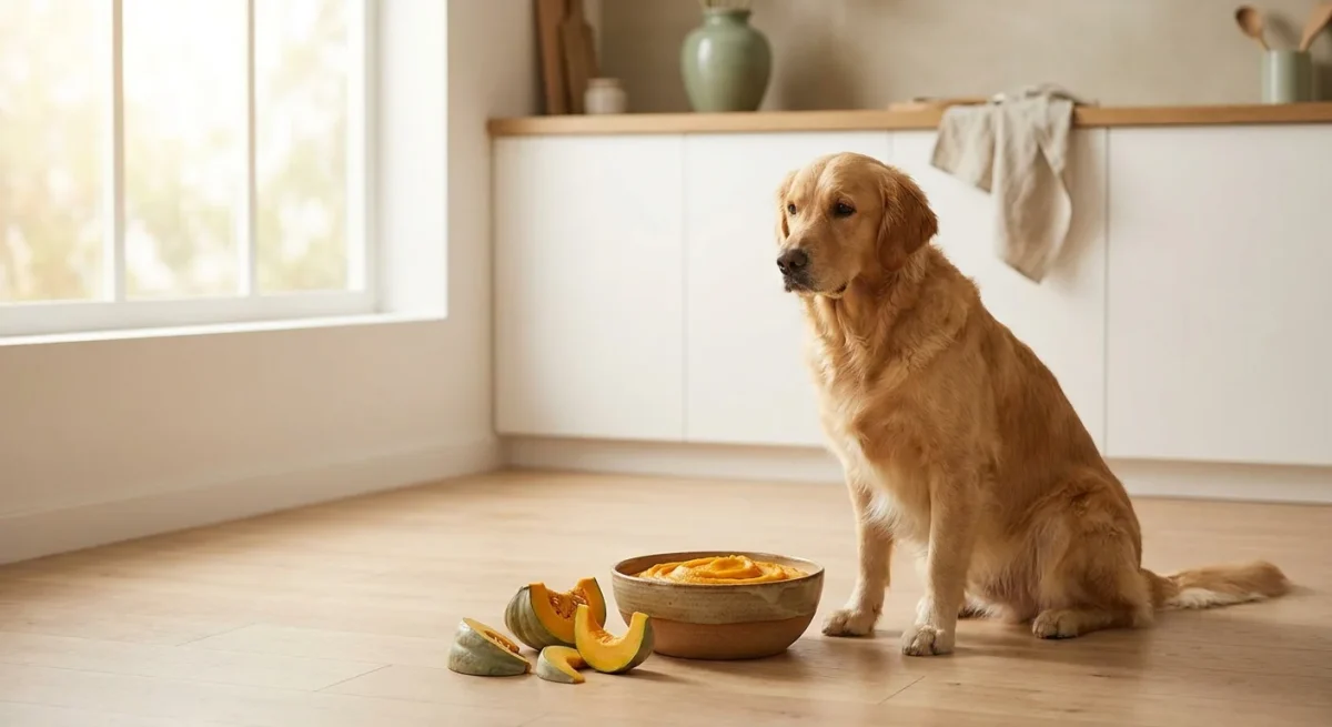 Un câine Golden Retriever stând liniștit lângă un bol cu piure de dovleac proaspăt într-o bucătărie luminoasă.