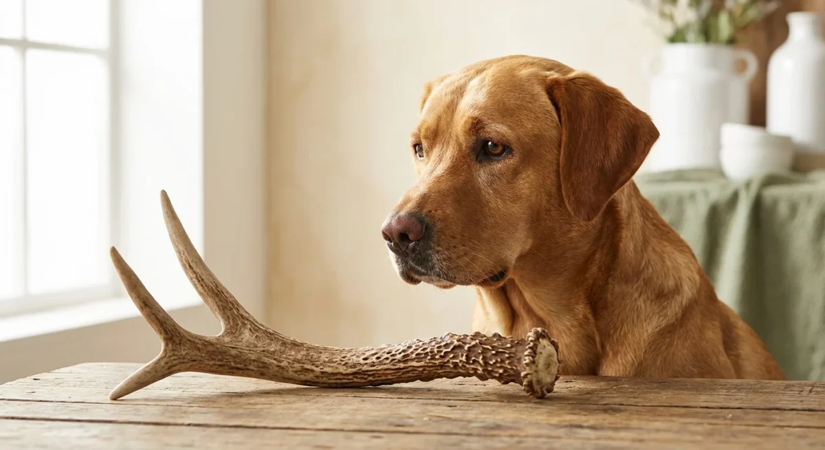 Un câine Labrador privind un corn de cerb pe o masă de lemn, într-o lumină naturală blândă.