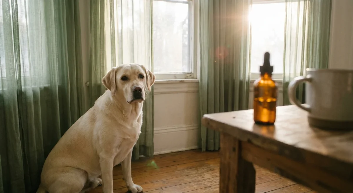 Un câine Labrador stând liniștit lângă o fereastră luminoasă, cu o sticlă de ulei CBD în prim-plan.