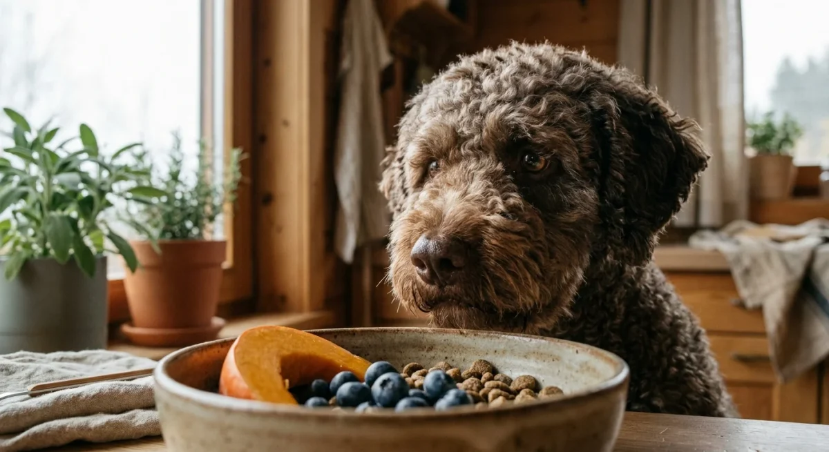 Un câine Lagotto Romagnolo maro privește cu interes un bol cu mâncare diversificată și proaspătă într-o bucătărie luminoasă.