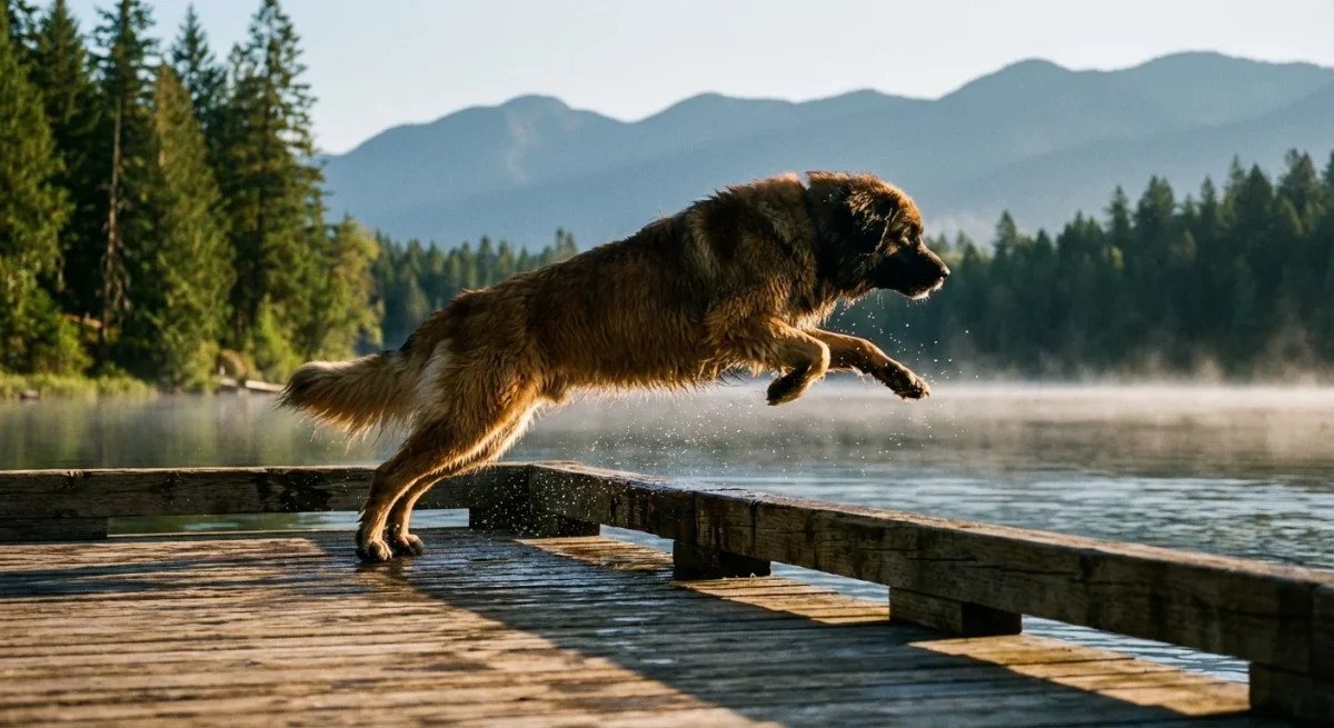 Un câine Leonberger masiv sărind în apă, ilustrând agilitatea raselor gigant în sporturi canine.