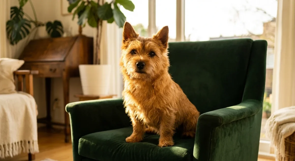 Un câine Norwich Terrier vesel stând pe un fotoliu elegant într-o sufragerie luminată de soare.