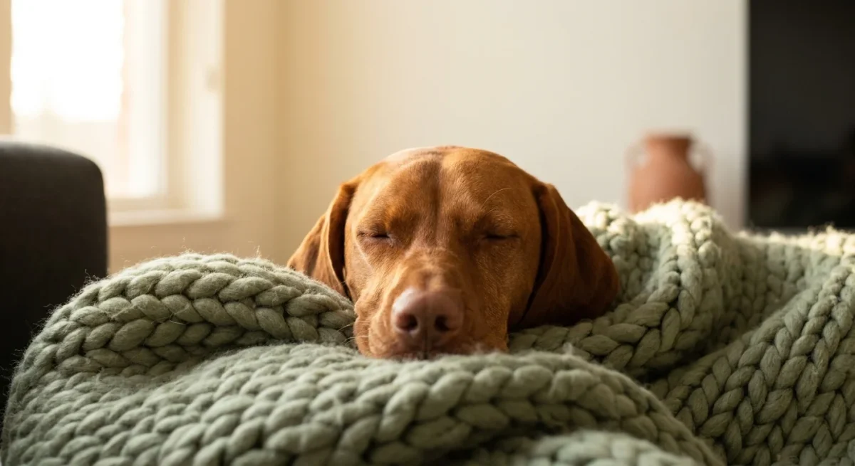 Un câine Vizsla dormind sub o pătură împletită, într-un decor interior cald și luminos.