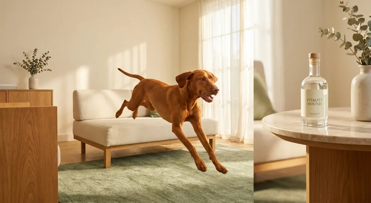 Un câine Vizsla plin de energie sărind într-o cameră luminoasă, sugerând vitalitatea oferită de vitamine.
