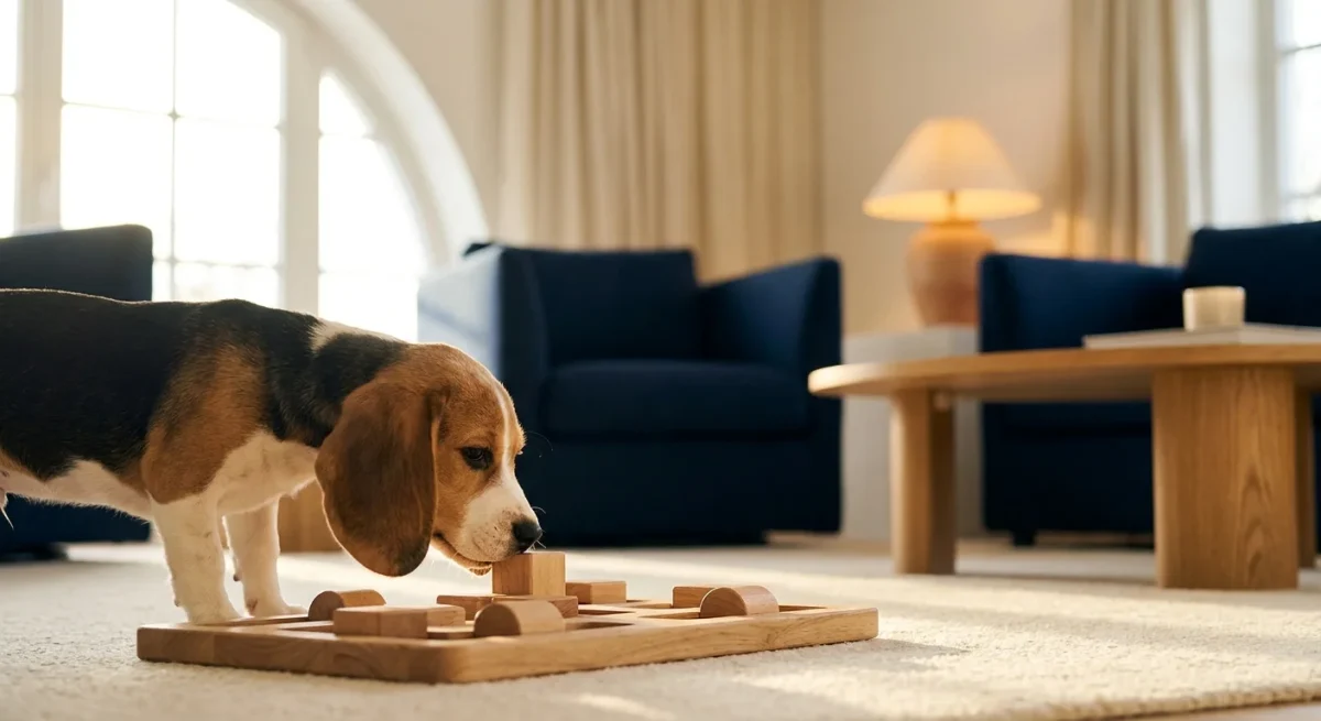 Un cățeluș Beagle curios care privește cu atenție o jucărie de tip puzzle într-o lumină caldă de interior.